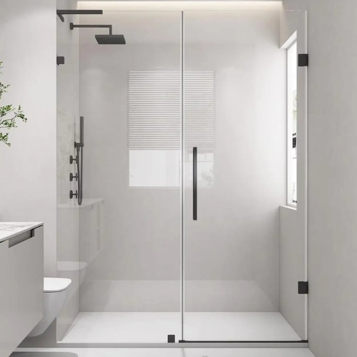 Hinged Clear Glass Black Hardware Shower Door with Handle Image - 1
