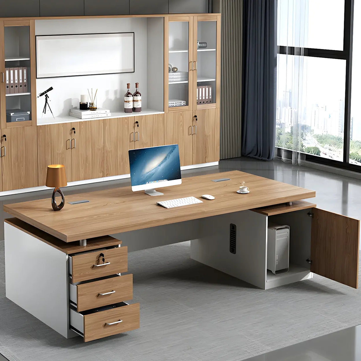 Home Office Wood Rectangle Computer Desk with Cabinet Image - 12
