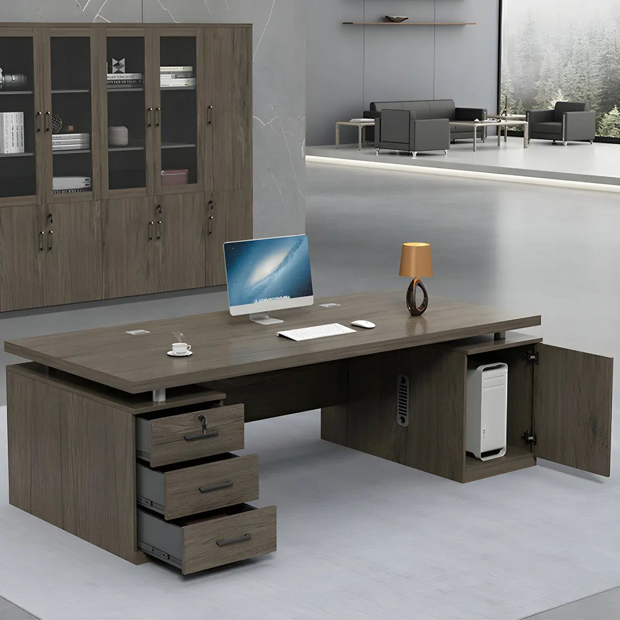 Home Office Wood Rectangle Computer Desk with Cabinet Image - 5