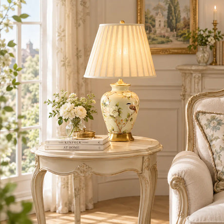 Elegant Pleated Fabric Floral Ceramic Base Table Lamp