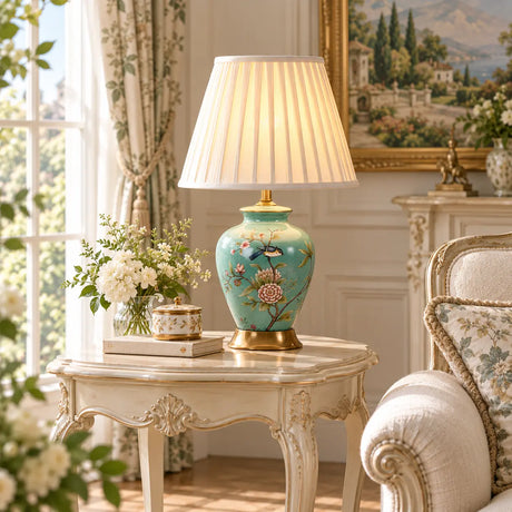 Homebaa Elegant Pleated Fabric Floral Ceramic Base Table Lamp
