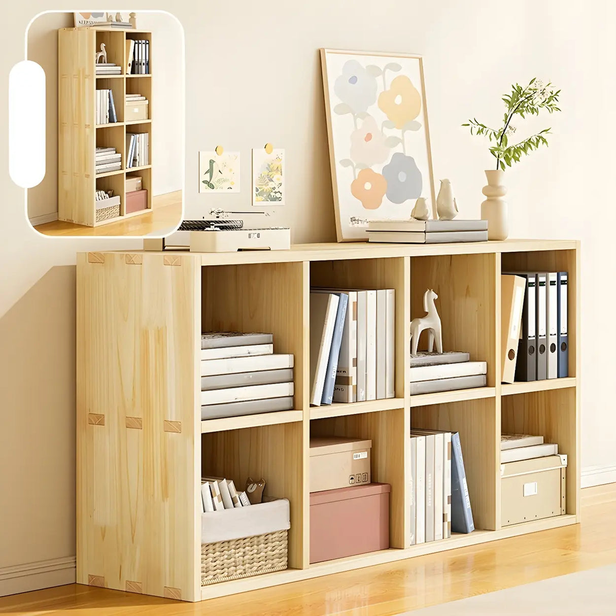 Horizontal Natural Solid Wood Cube Storage Bookcase Image - 7