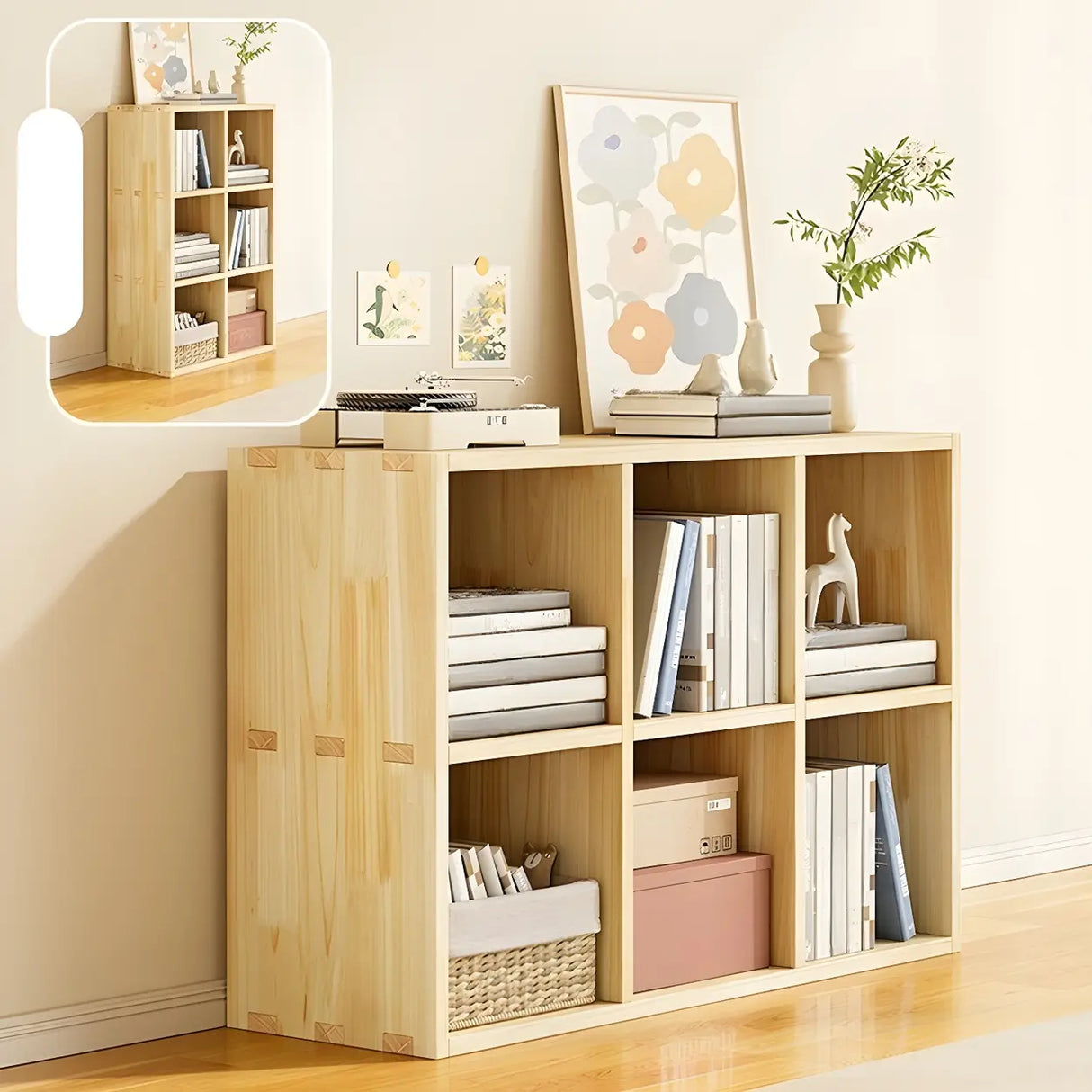 Horizontal Natural Wood Cube Storage Bookcase Image - 3
