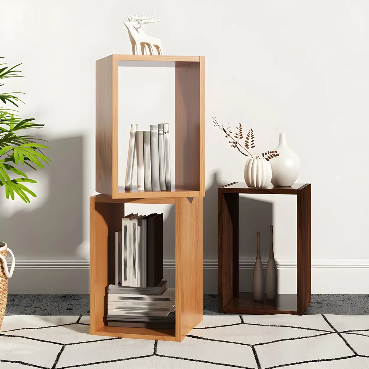 Horizontal Simple Modular Solid Wood Cube Bookshelf Image - 4