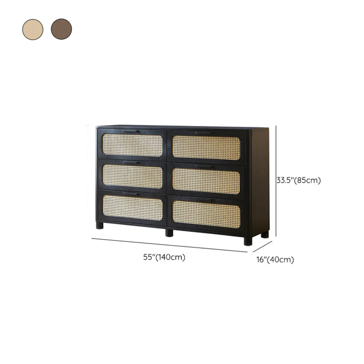 Horizontal Woven Black Wood Double Dresser with Drawers 