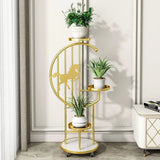 Horse Pattern Round Gold Metal Plant Stand with Shelves Image - 1