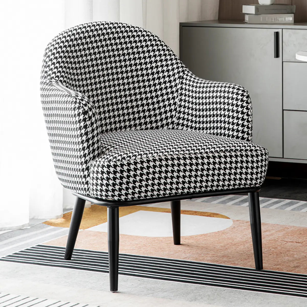 Houndstooth Linen Recessed Arm Fixed Back Arm Chair Image - 11