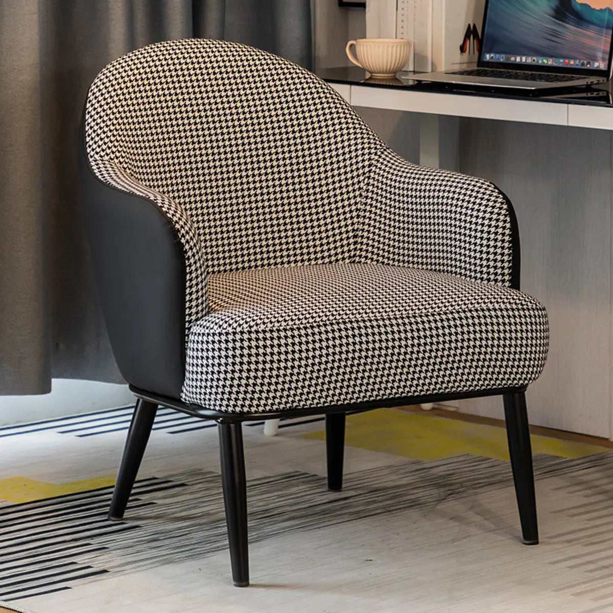 Houndstooth Linen Recessed Arm Fixed Back Arm Chair Image - 9
