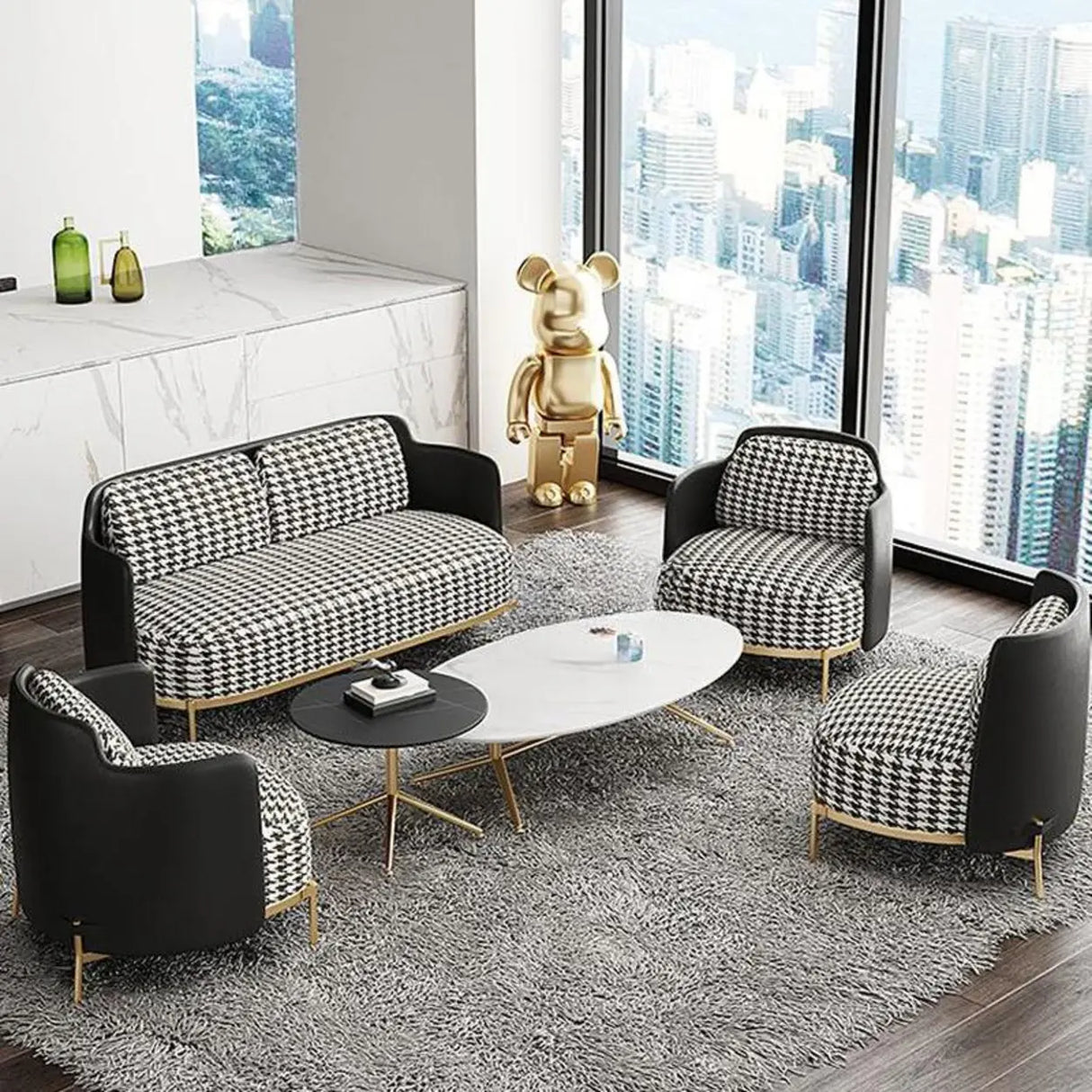 Houndstooth pattern Waterproof Faux Leather Sofa Set Image - 1