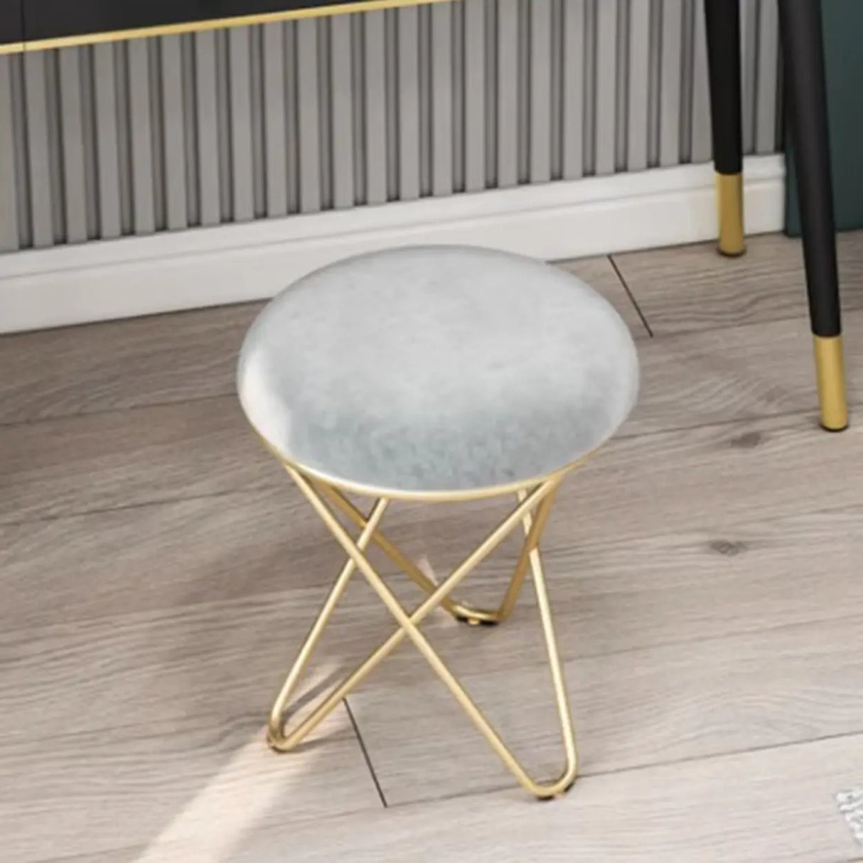 Houndstooth Round Metal Pedestal Upholstered Vanity Stool Image - 8