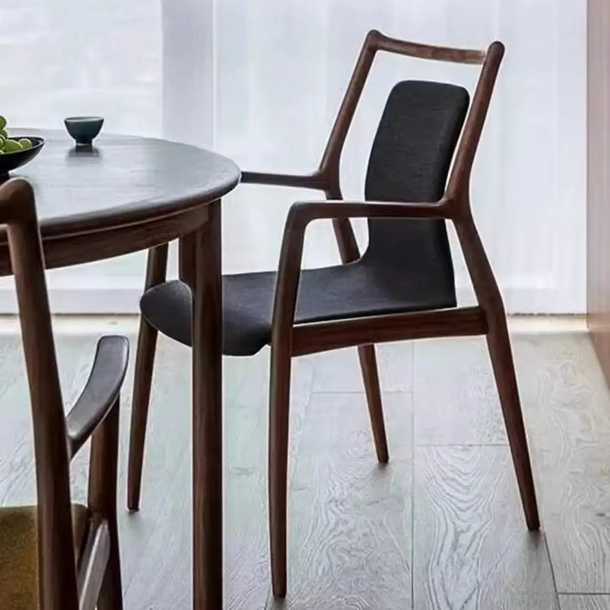 Indoor Black Patterned Leather Arm Wood Dining Chair Image - 3