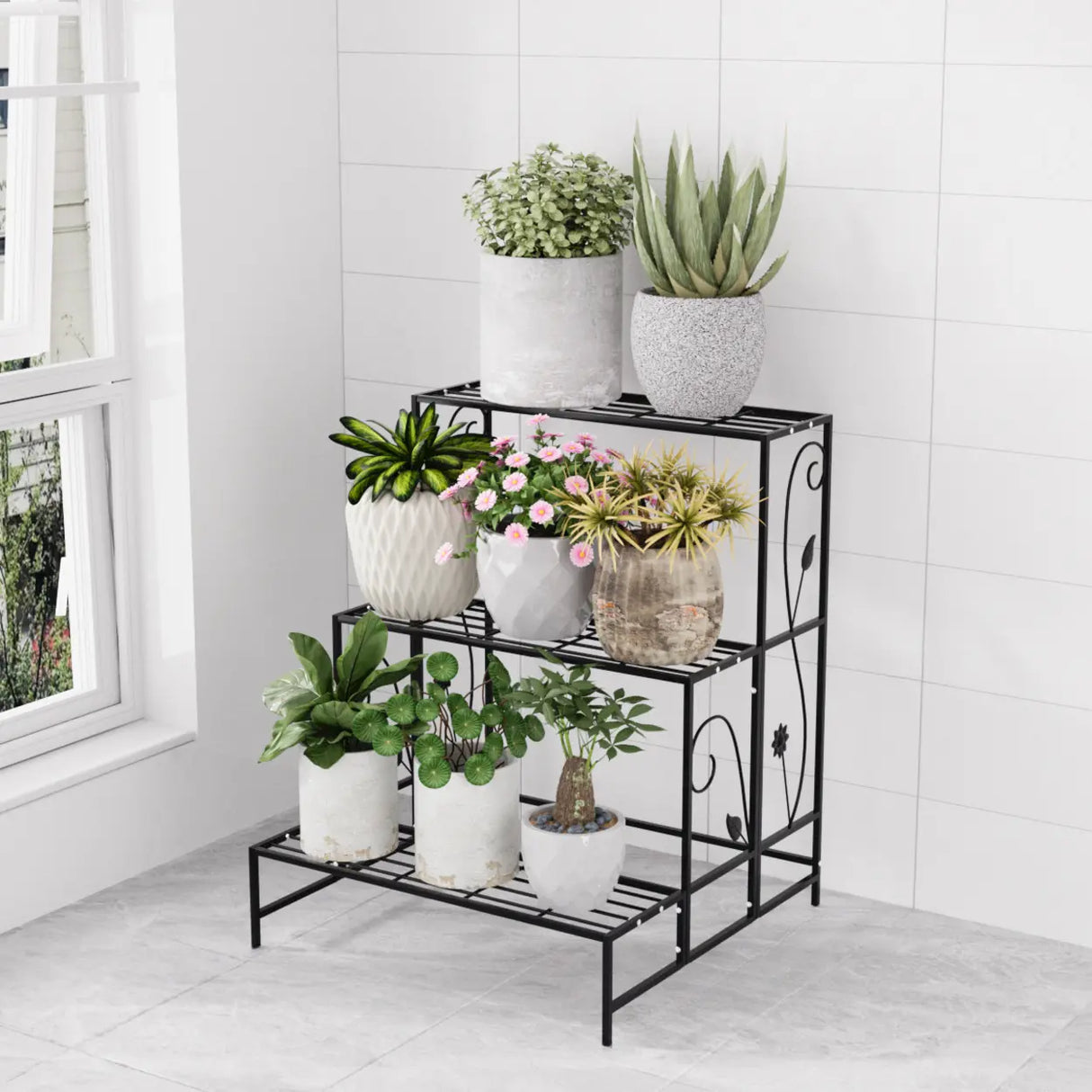 Indoor Rectangular Metal Frame Mesh Plant Stand White Image - 14