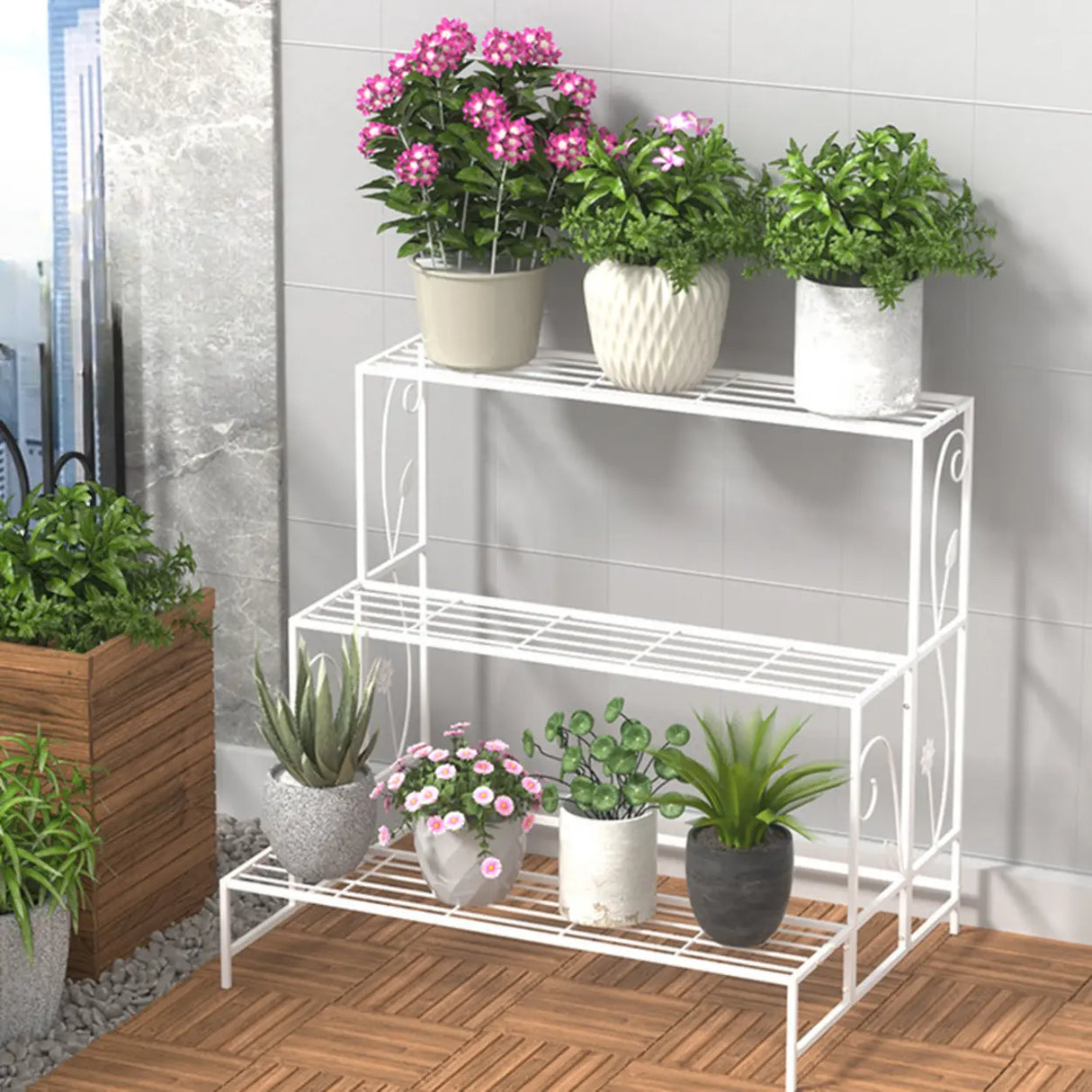 Indoor Rectangular Metal Frame Mesh Plant Stand White Image - 1