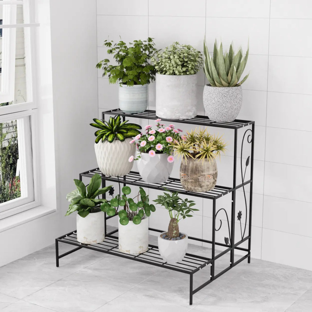 Indoor Rectangular Metal Frame Mesh Plant Stand White Image - 5