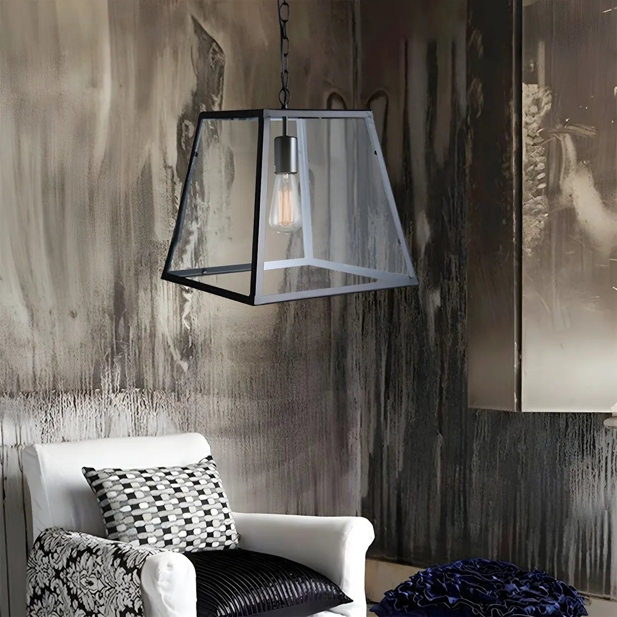 Industrial Black Glass Trapezoid-Shaped Pendant Light Image - 1