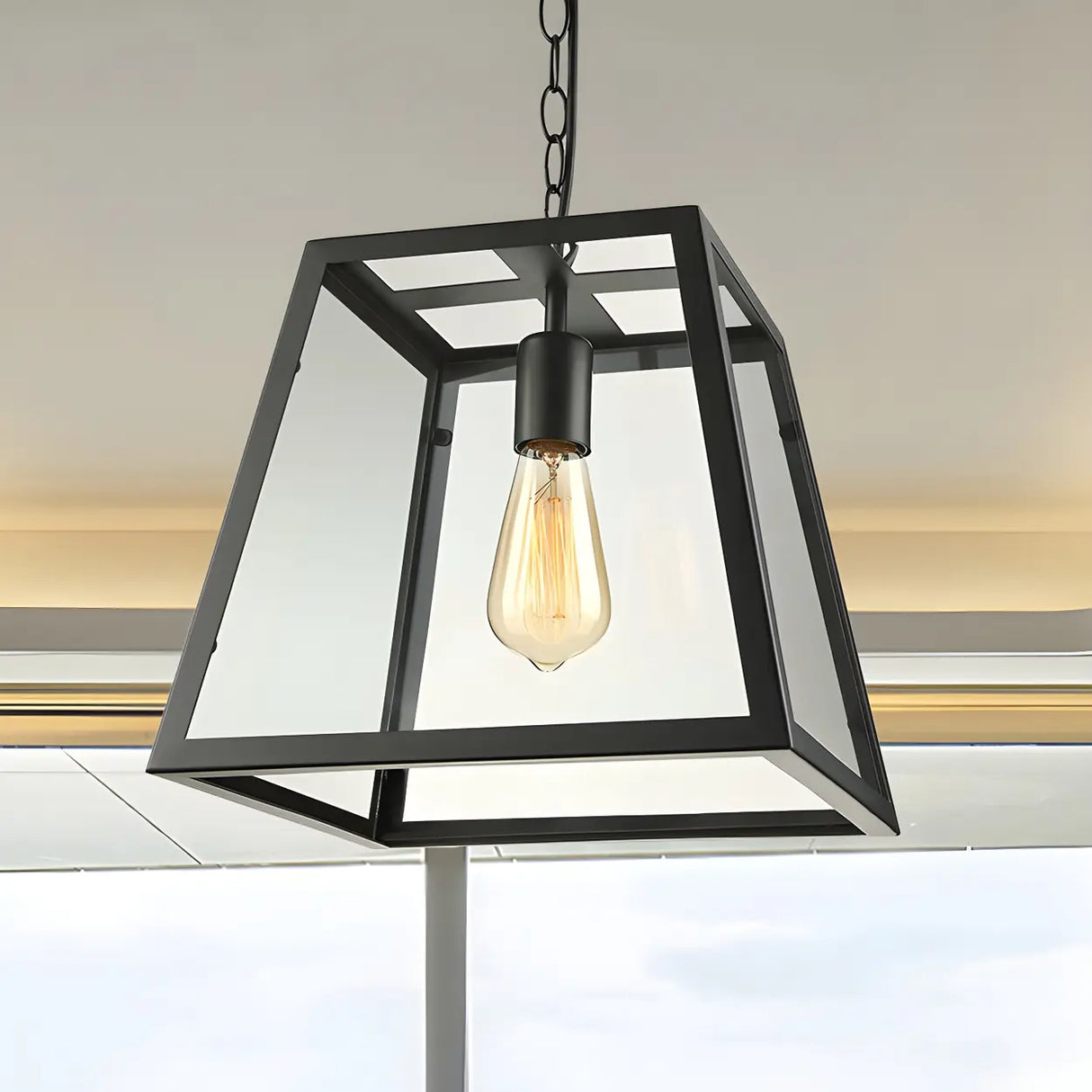 Industrial Black Glass Trapezoid-Shaped Pendant Light Image - 2