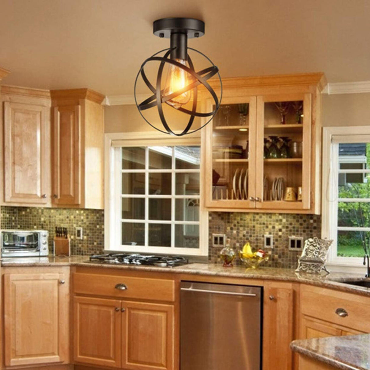 Industrial Black Globe Semi-Flush Mount Ceiling Light Image - 5