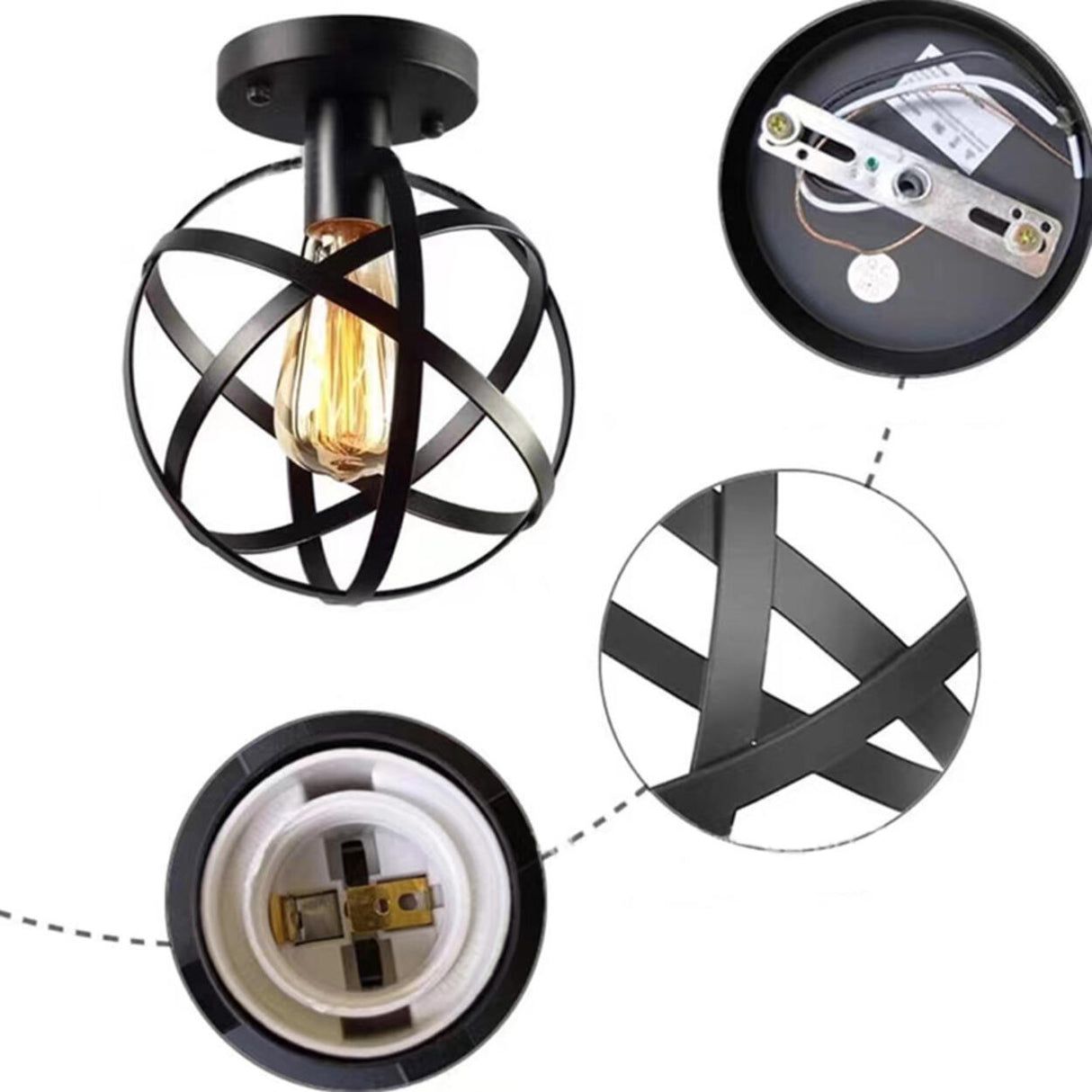 Industrial Black Globe Semi-Flush Mount Ceiling Light Image - 7