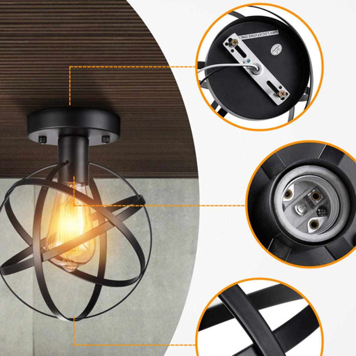 Industrial Black Globe Semi-Flush Mount Ceiling Light Image - 8