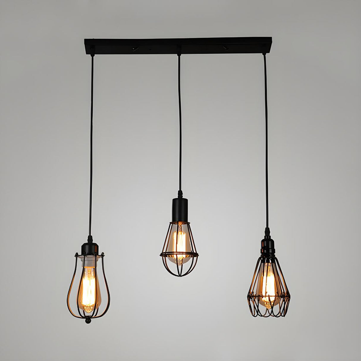 Industrial Black Metal Cage Edison Bulbs Pendant Light Set Image - 3