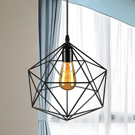Industrial Black Metal Geometric Cage Pendant Light Image - 1