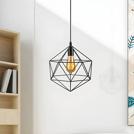 Industrial Black Metal Geometric Cage Pendant Light Image - 2
