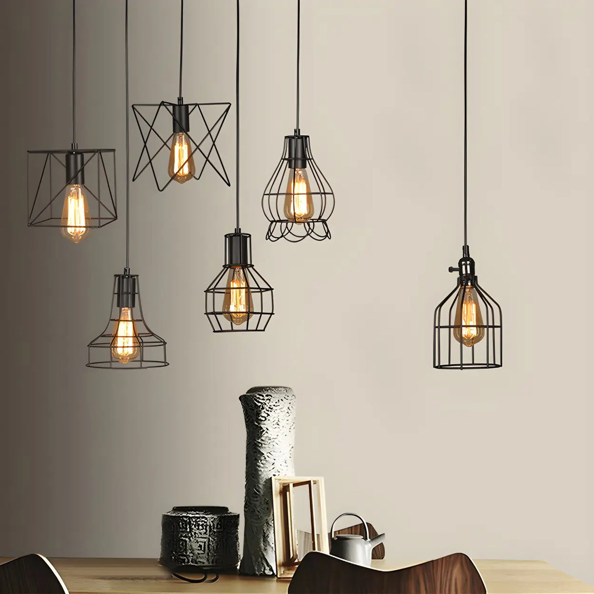 Industrial Black Metal Wire Caged Cord Pendant Light Image - 1