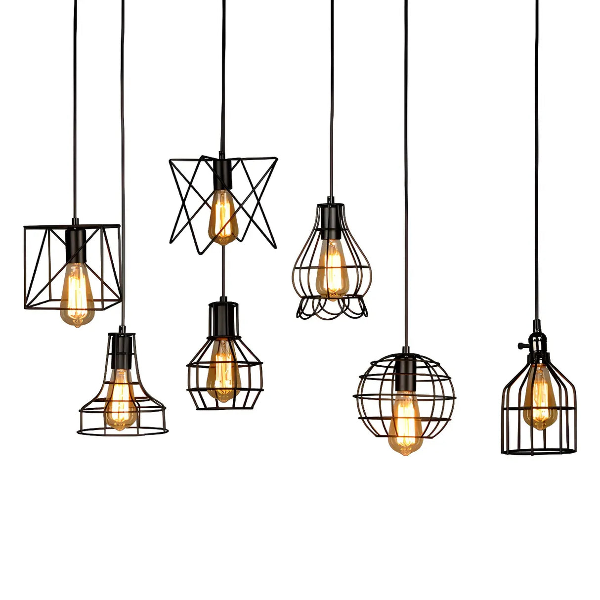 Industrial Black Metal Wire Caged Cord Pendant Light Image - 10