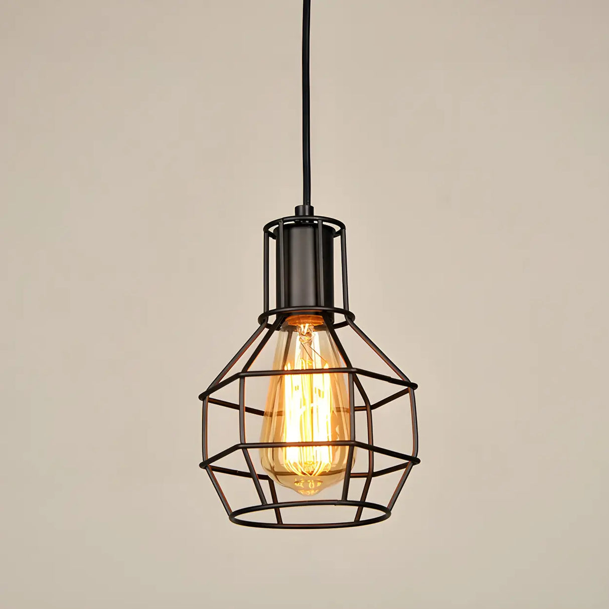 Industrial Black Metal Wire Caged Cord Pendant Light Image - 2