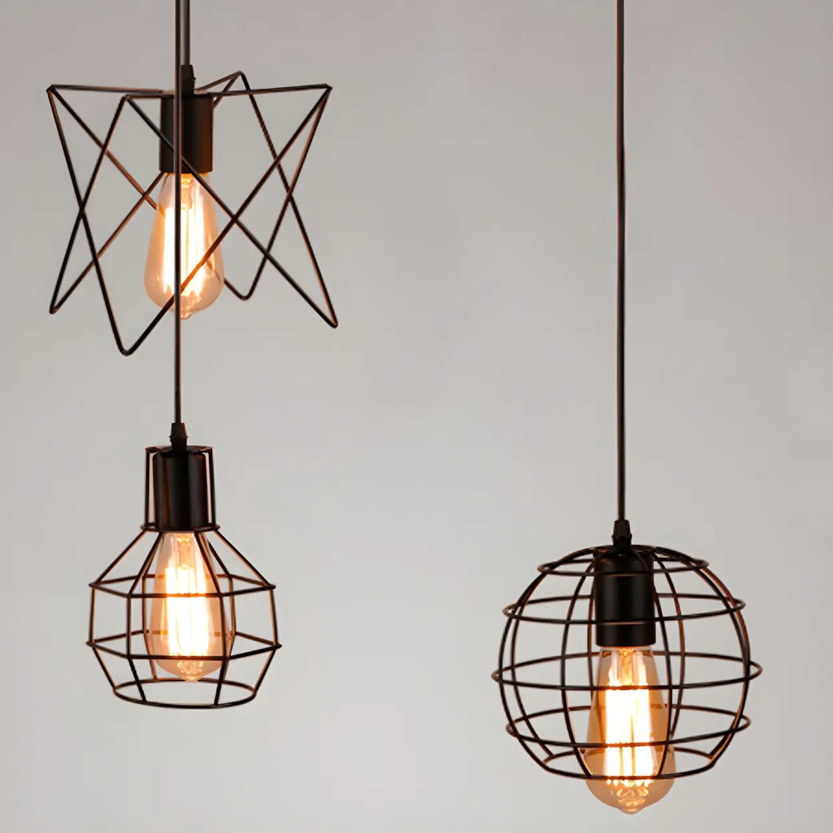 Industrial Black Metal Wire Caged Cord Pendant Light Image - 4