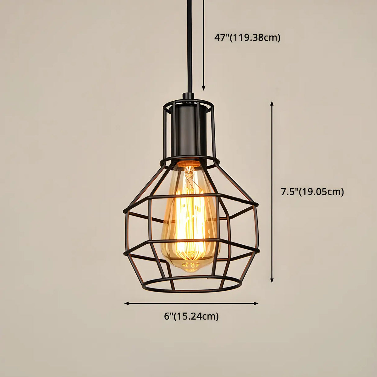 Industrial Black Metal Wire Caged Cord Pendant Light 