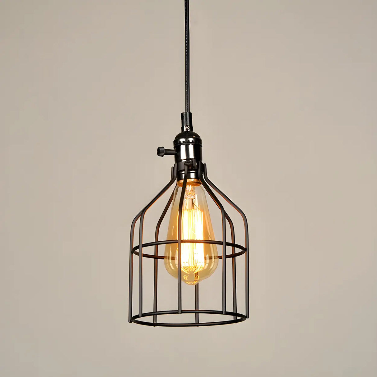 Industrial Black Metal Wire Caged Cord Pendant Light Image - 5