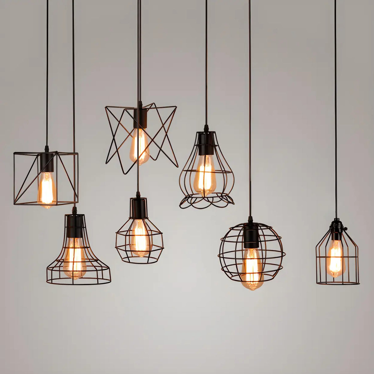 Industrial Black Metal Wire Caged Cord Pendant Light Image - 6
