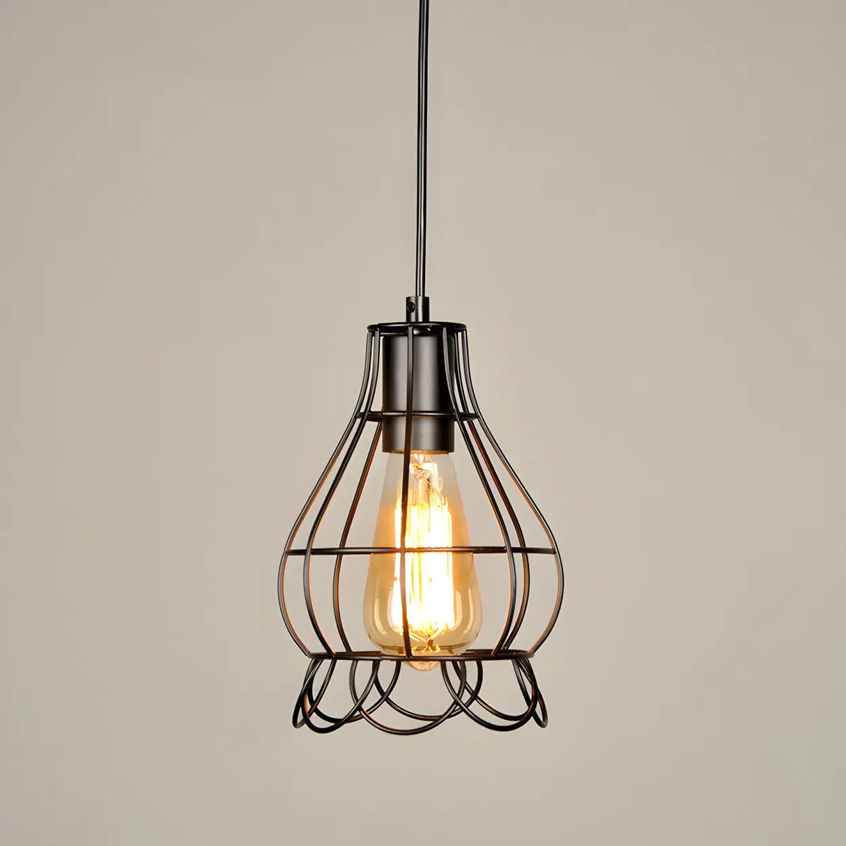 Industrial Black Metal Wire Caged Cord Pendant Light Image - 7