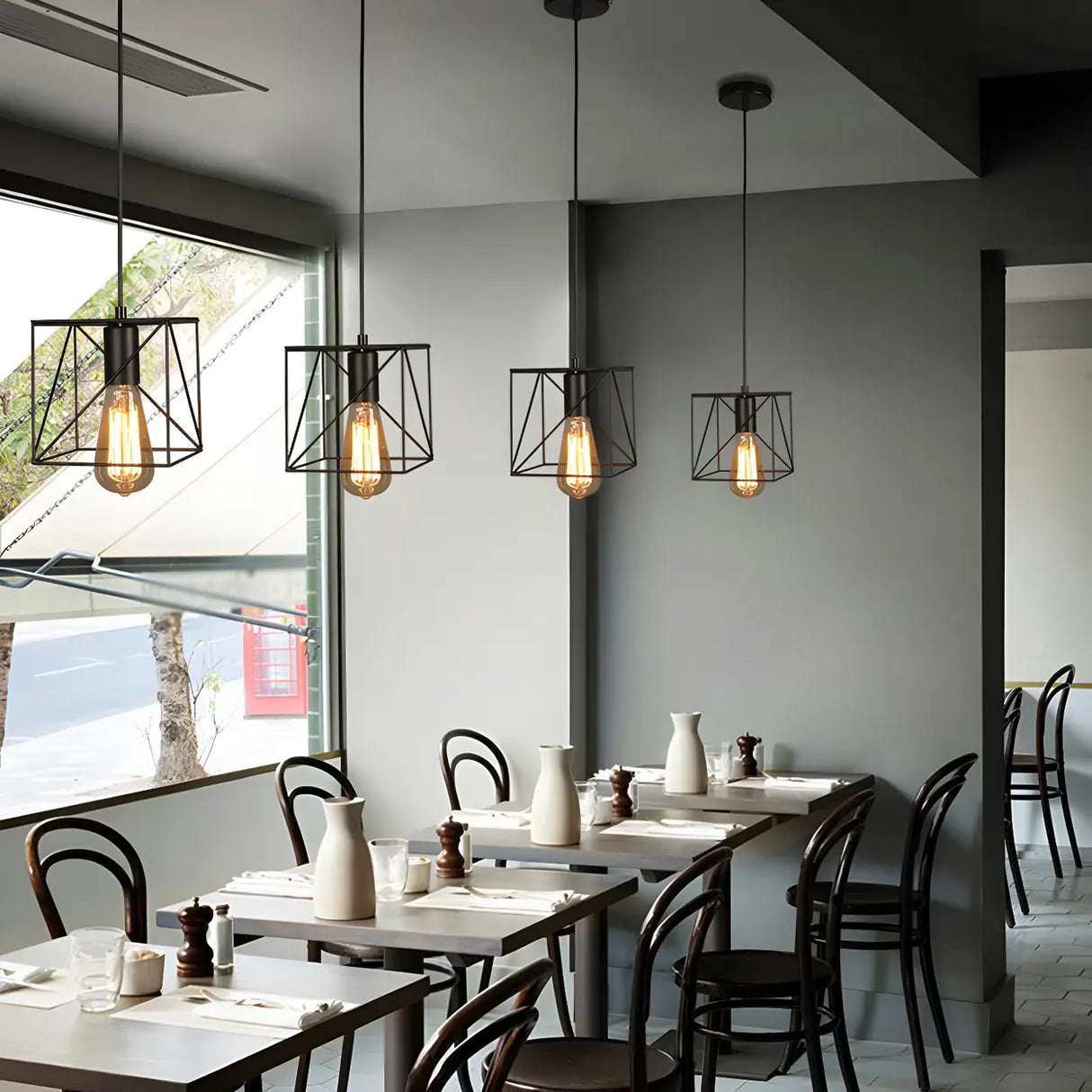 Industrial Black Metal Wire Caged Cord Pendant Light Image - 8