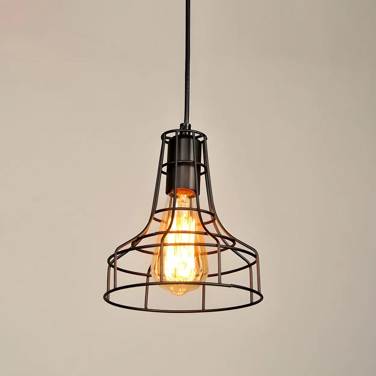 Industrial Black Metal Wire Caged Cord Pendant Light Image - 9
