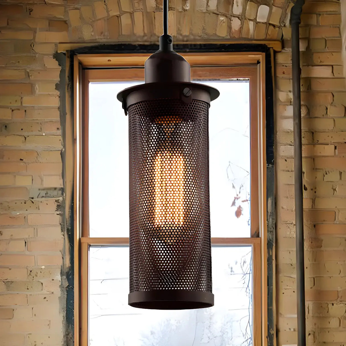 Industrial Black Rust Metal Cylindrical Pendant Light Image - 1