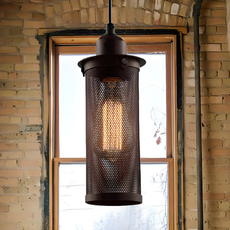 Industrial Black Rust Metal Cylindrical Pendant Light Image - 1