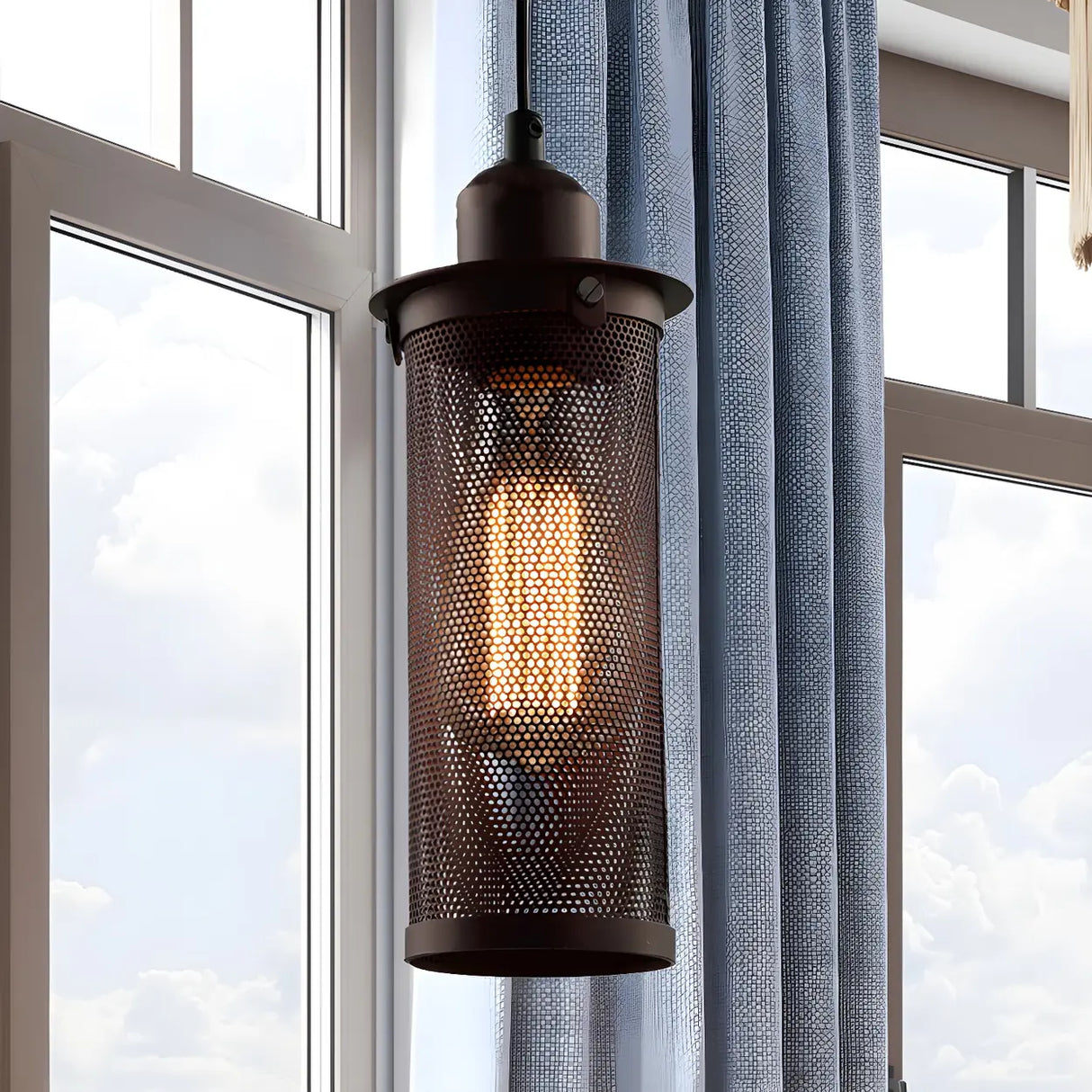 Industrial Black Rust Metal Cylindrical Pendant Light Image - 2