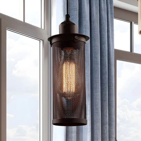 Industrial Black Rust Metal Cylindrical Pendant Light Image - 2