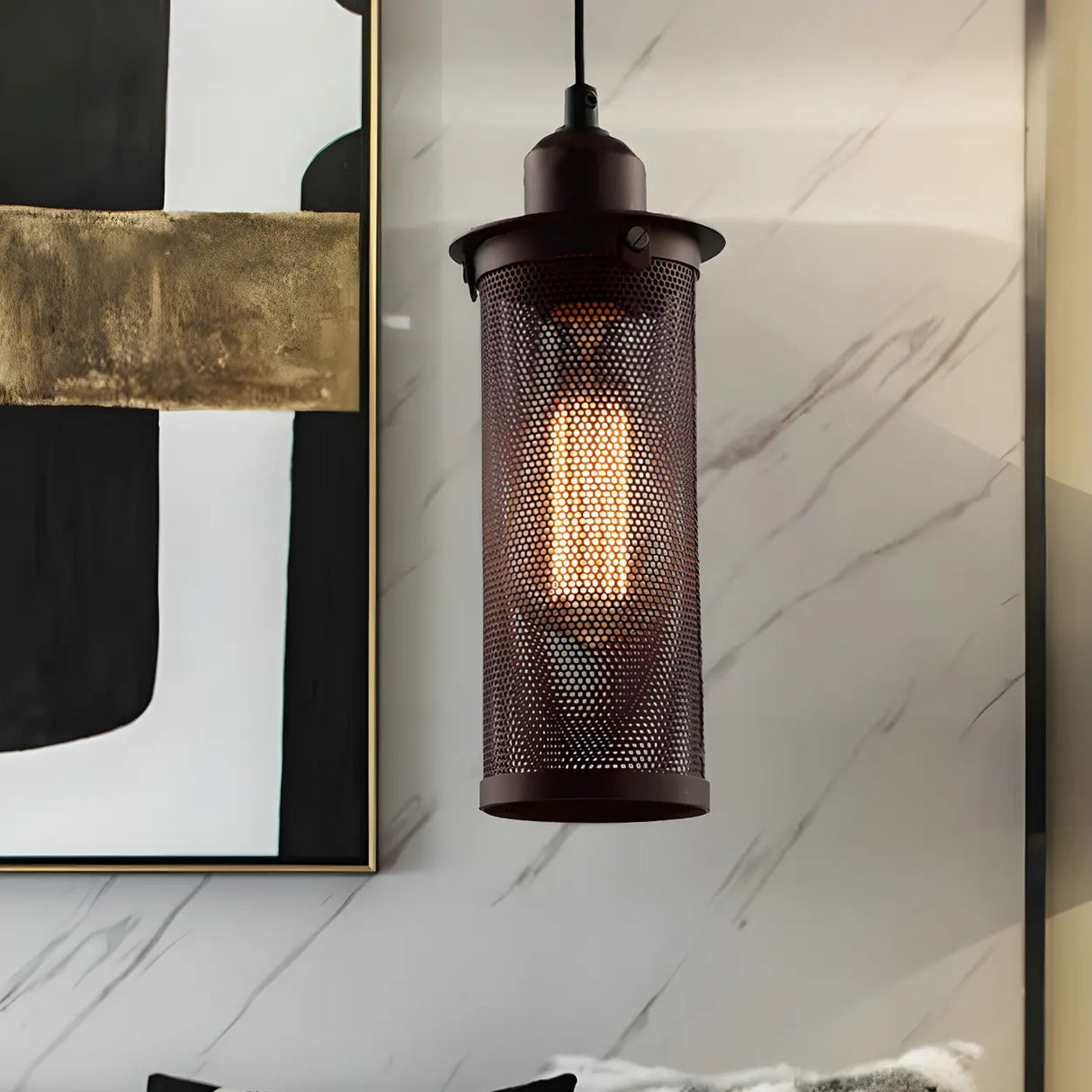 Industrial Black Rust Metal Cylindrical Pendant Light Image - 3