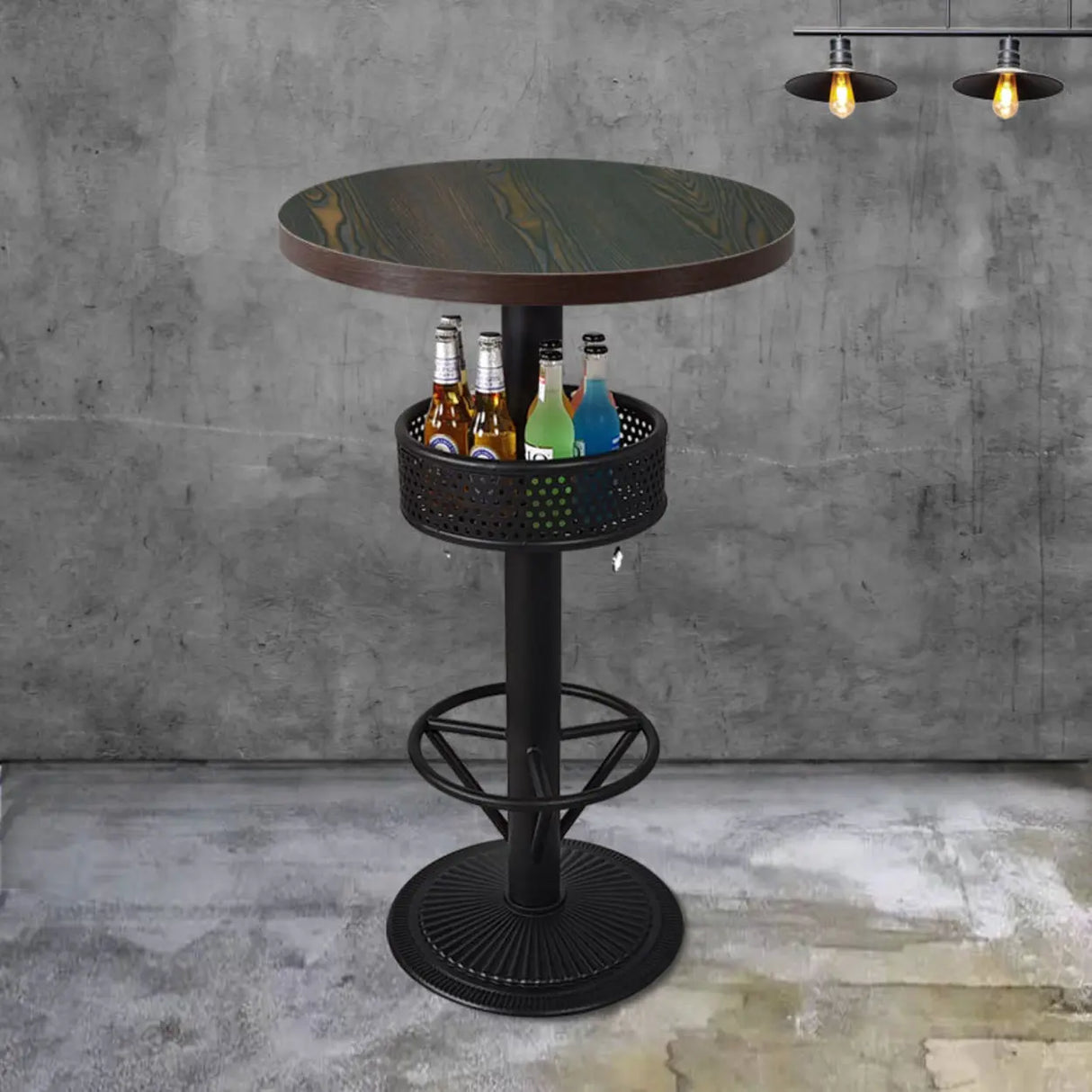 Industrial Black Small Round Bar Table with Storage Shelf Image - 8