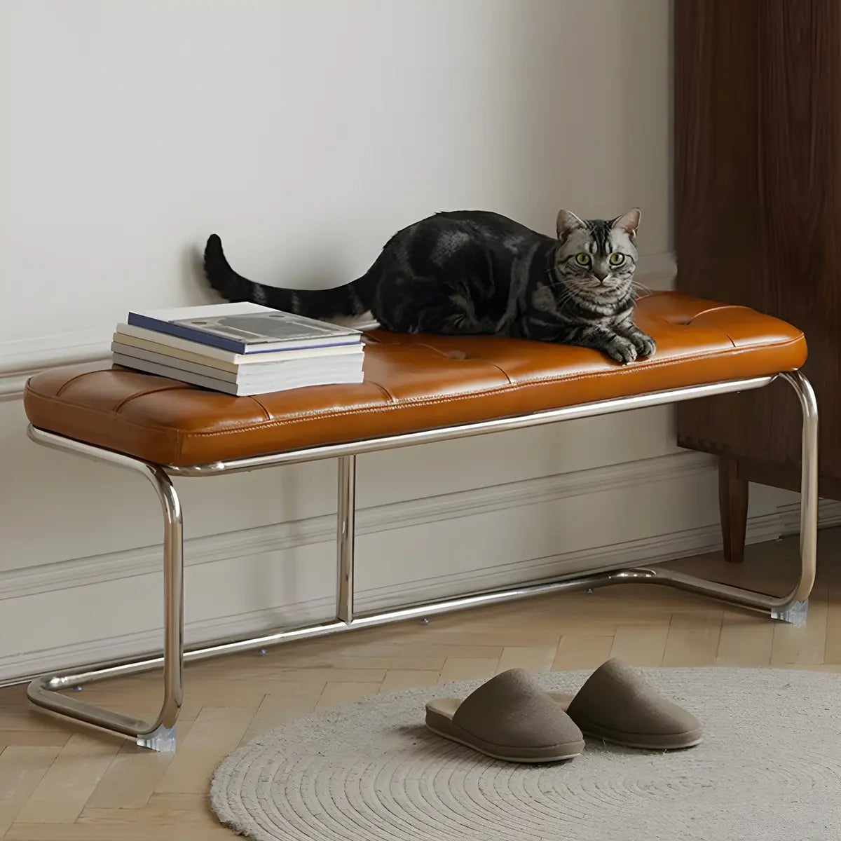 Industrial Brown Faux Leather Cushioned Entryway Bench Image - 3