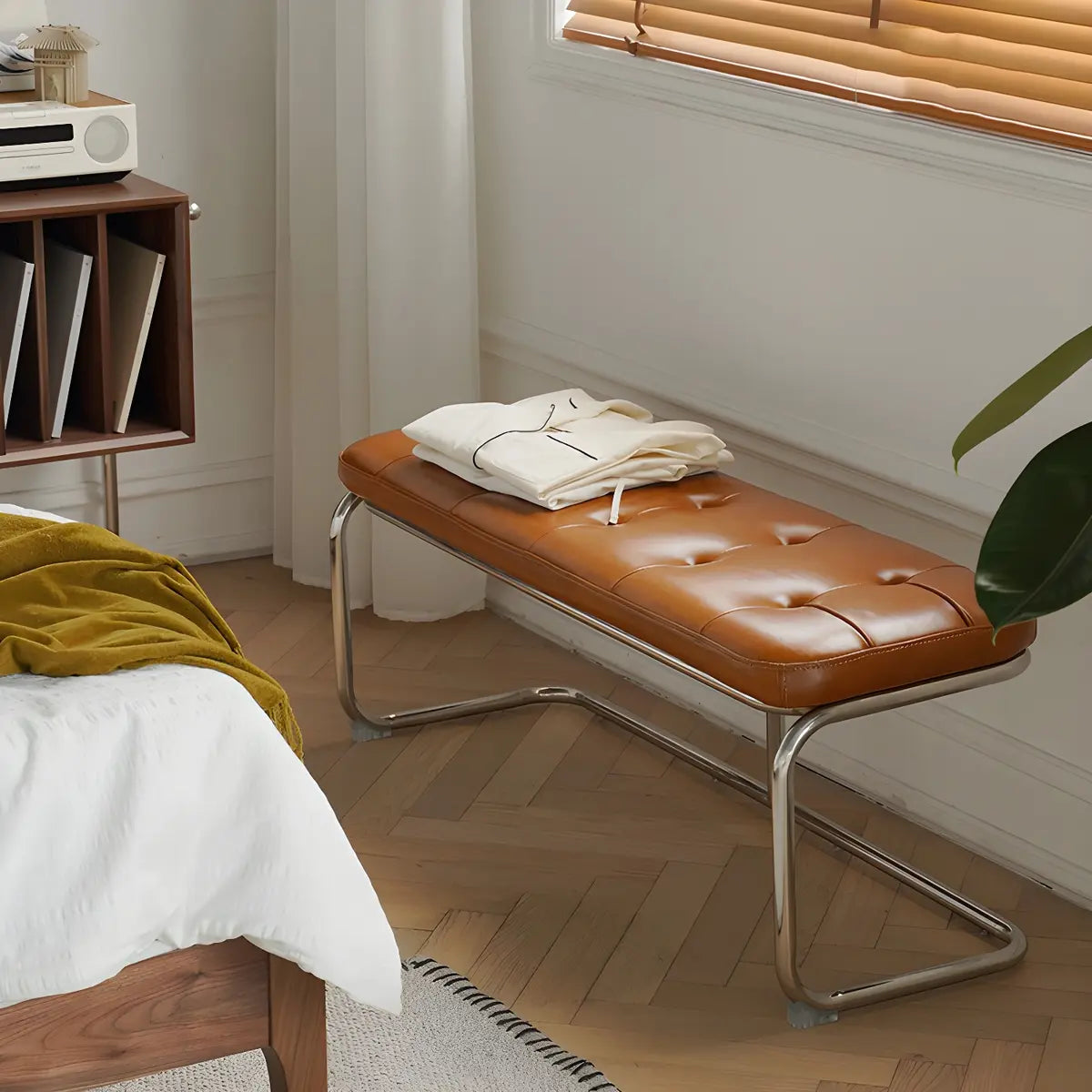 Industrial Brown Faux Leather Cushioned Entryway Bench Image - 4