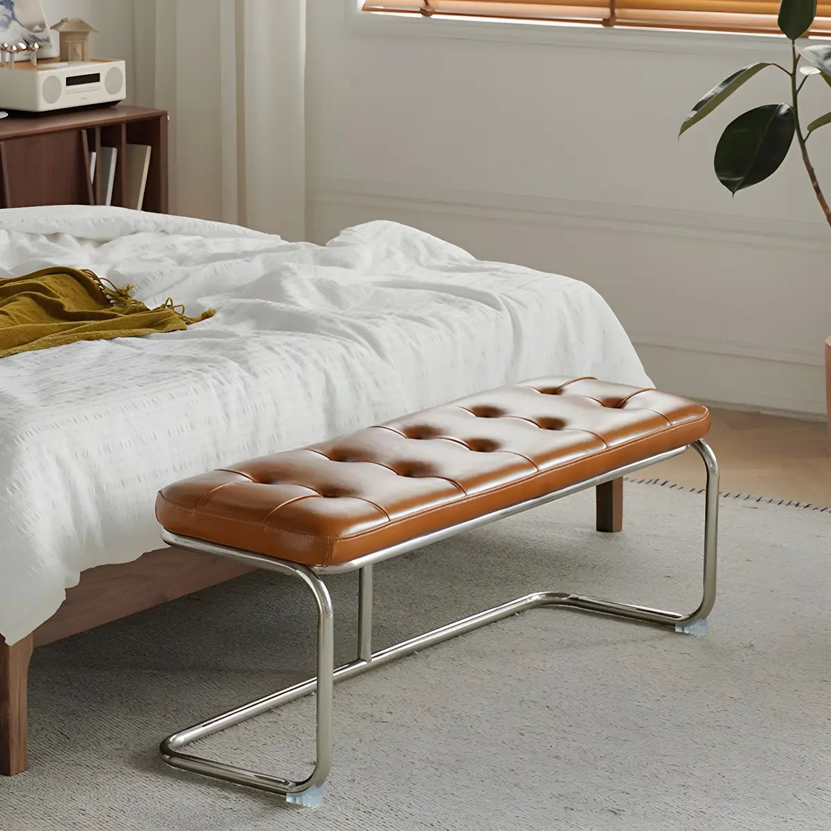 Industrial Brown Faux Leather Cushioned Entryway Bench Image - 5