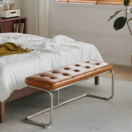 Industrial Brown Faux Leather Cushioned Entryway Bench Image - 5