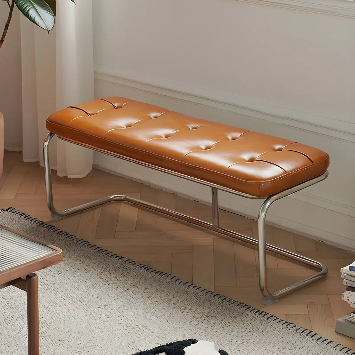 Industrial Brown Faux Leather Cushioned Entryway Bench Image - 6