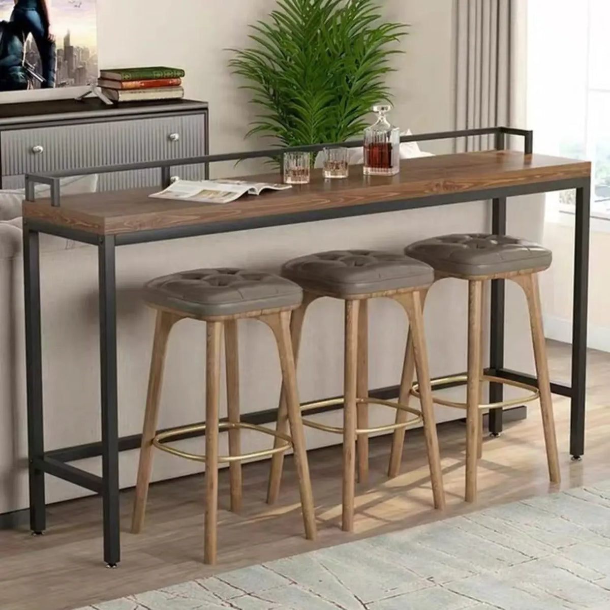 Industrial Brown Rectangular Metal Wood Bar Table With Footrest – Homebaa