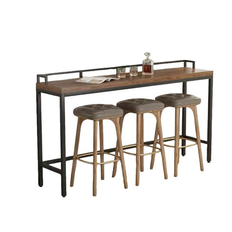 Industrial Brown Rectangular Metal Wood Bar Table With Footrest Image - 3