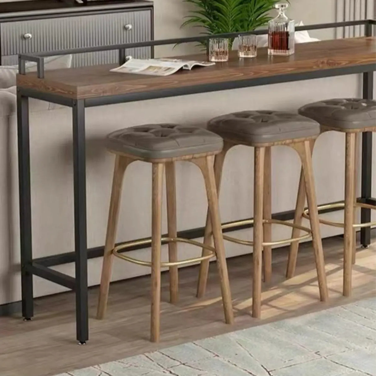 Industrial Brown Rectangular Metal Wood Bar Table With Footrest Image - 5